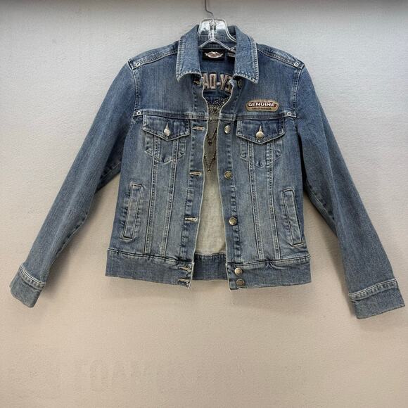 Harley Davidson Denim Jean Jacket Women's S Blue Embroidered Studded Logo EUC - Picture 2 of 12